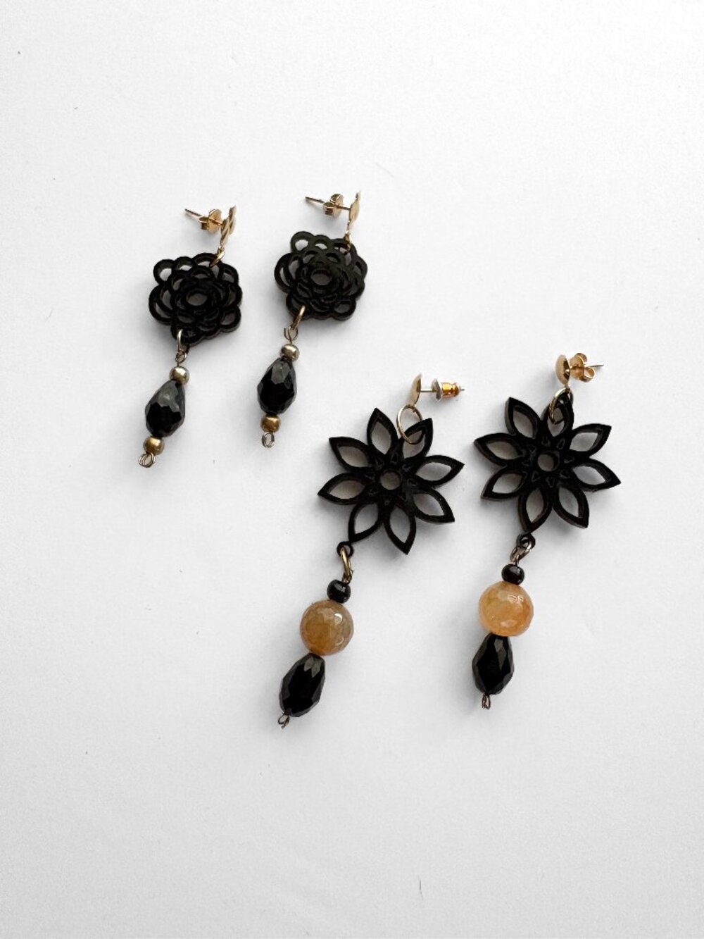 Black Floral & Geometric Dangle Earrings – 2 Pair Set